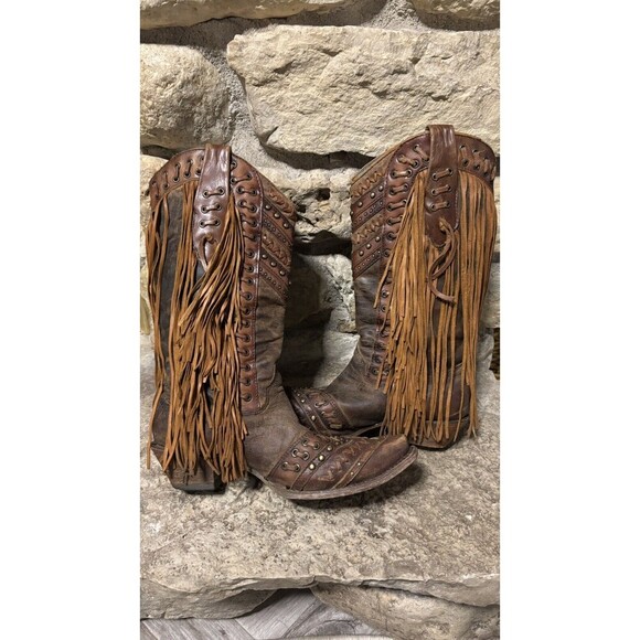 Corral Fringed Studded Tall Leather Cowboy Boots Women’s Size 7 - Picture 5 of 10